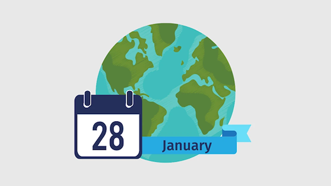 Illustration of the Earth with January 28th marked on a calendar over it