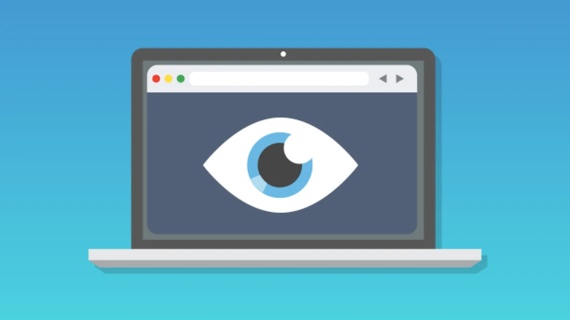 Illustration of Surveillance eyeball in a browser window on a laptop