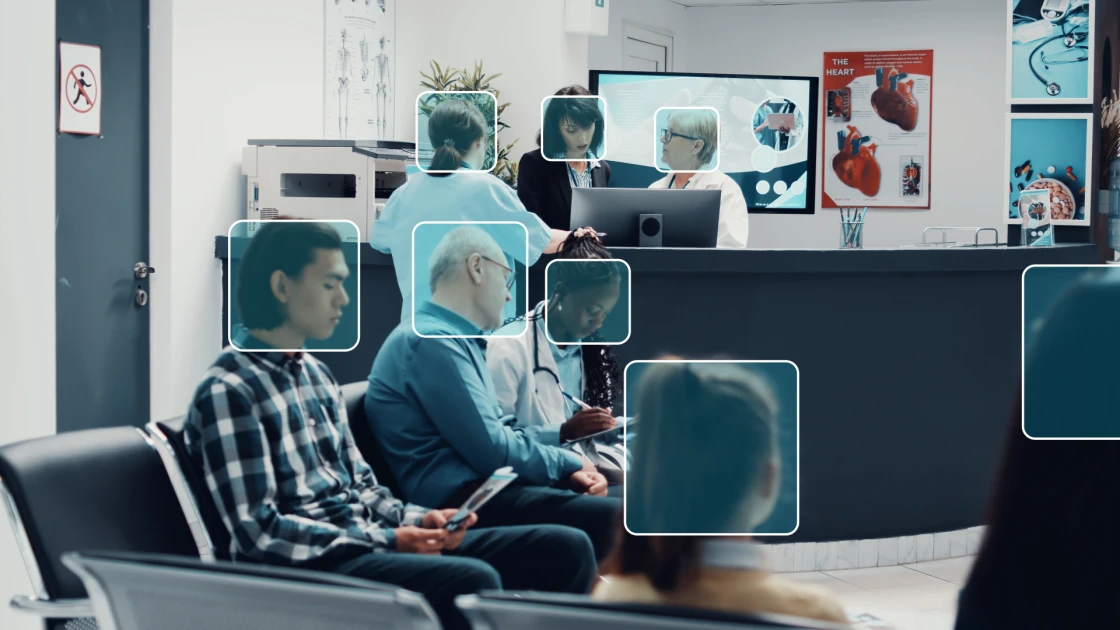 A hospital waiting room monitored by AI for occupancy.
