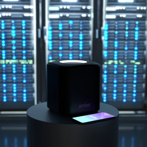 An AmberPRO device in front of server racks representing the power of the device.